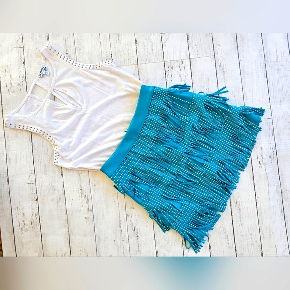 Sincerely Jules Turquoise Blue Faux Leather Studded Suede Fringe Western Skirt - Picture 2 of 10